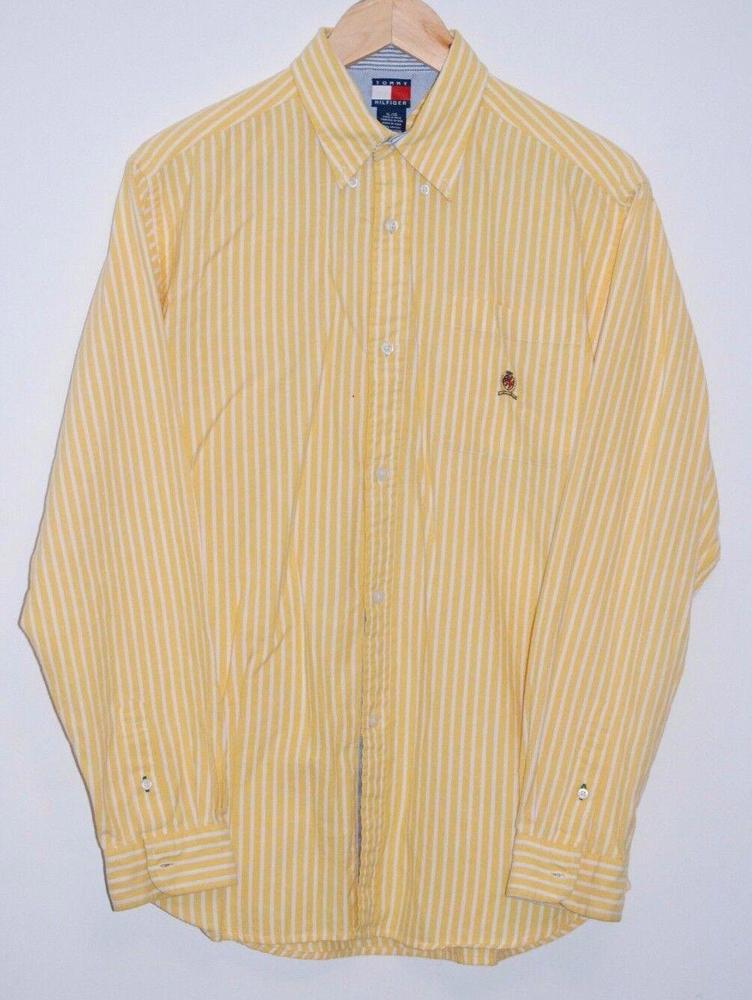 Tommy Hilfiger VTG Yellow Striped Button Down Shirt XL w/ Lion Crest